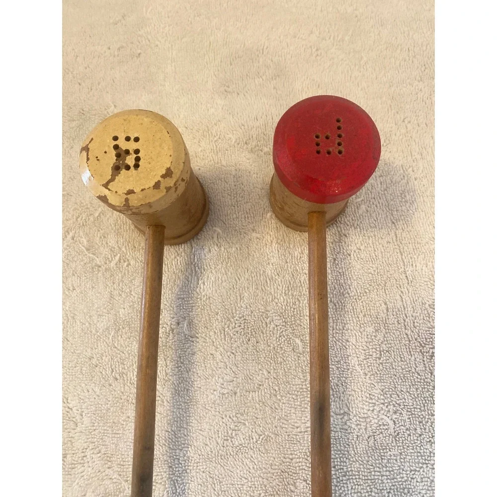 Vintage Long Handle Wooden Mallet Salt and Pepper Shakers Chef Face Set 14 Inch